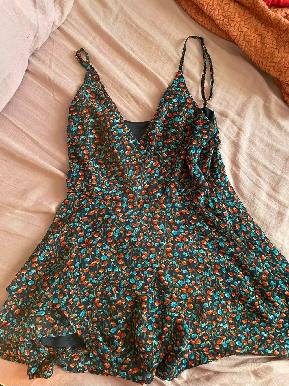Floral V-Neck Spaghetti Strap Romper in Teal and Orange